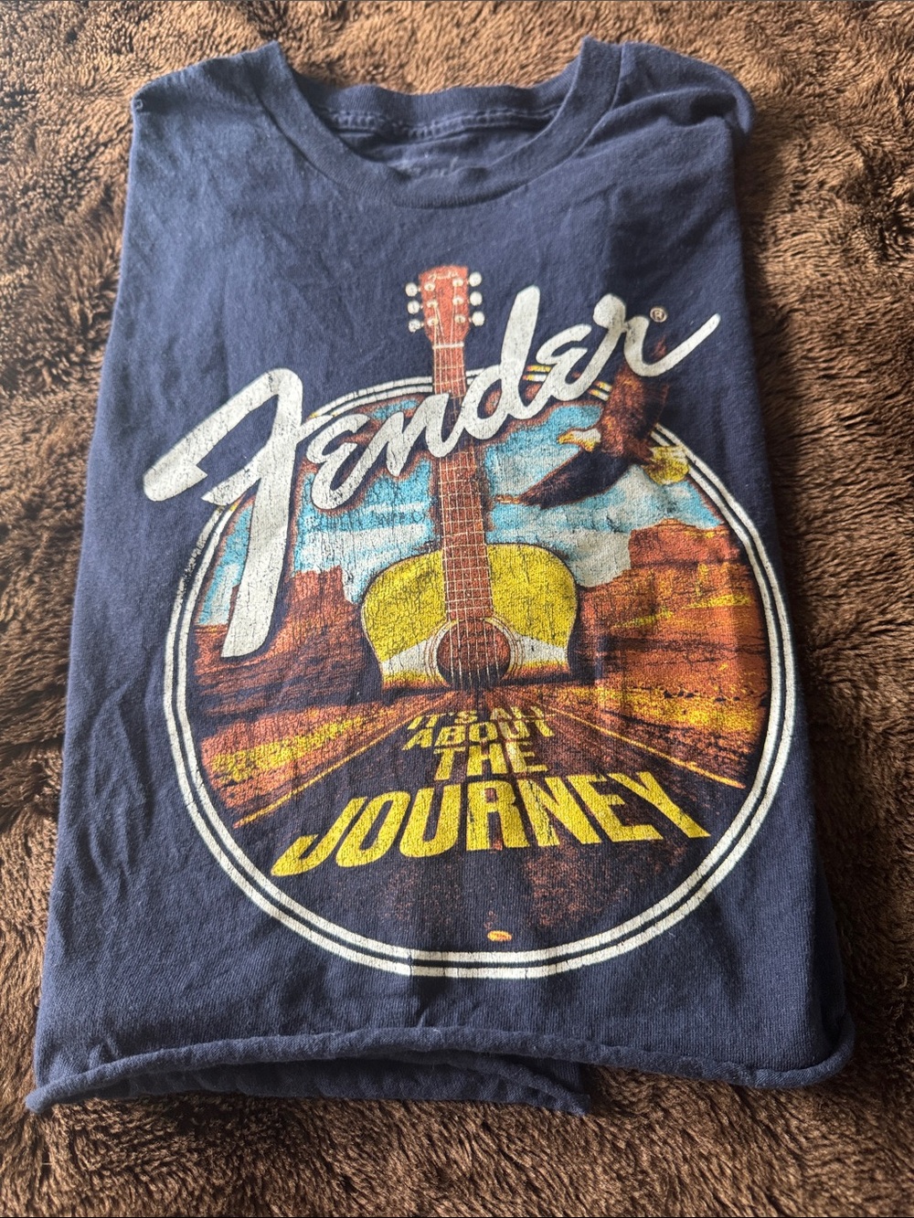 Fender Navy Cropped Graphic Tee with Yellow and White Accents